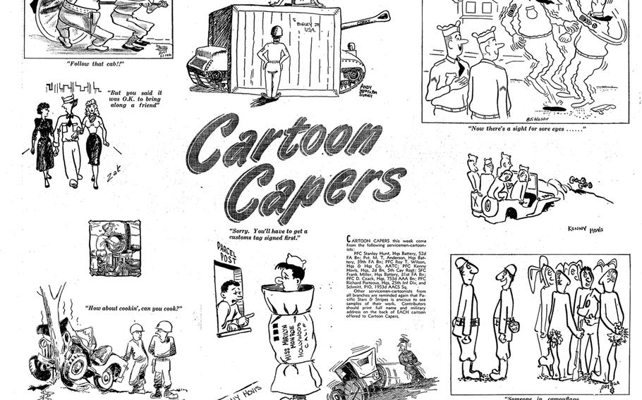 To explore more of Stars and Stripes’ cartoons, comics and drawings, go to http://starsandstripes.newspaperarchive.com  Our online archive contains both the European and the Pacific editions from 1948-1999 and is fully searchable. 
Artists: Stanley Hunt, M.T. Anderson, Ray T. Wilson, Kenny Hovis, Frank Miller, D. Czack, and Schmitt [no first name given].
Source: Stars and Stripes Pacific edition – October 24, 1952
