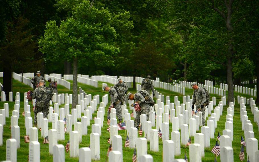 Each year for the past 65 years, members of the 3d U.S. Infantry (The Old Guard) has honored America's fallen heroes by placing American flags before the gravestones and niches of Service members buried at both Arlington National Cemetery and the U.S. Soldier's and Airmen's Home National Cemetery just prior to Memorial Day weekend. 