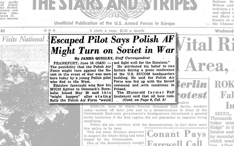 Although two Polish MiG-15 pilots had defected earlier that year by flying their planes out of their USSR controlled homeland and into De    nmark, it was the first intact MiG-15 the U.S. got to keep. The first MiG-15, flown by Lt. Franciszek Jarecki was returned to the Polish air force, while the second one was damaged as Lt. Zdizislaw Jazwinski was forced to crash-land his. 