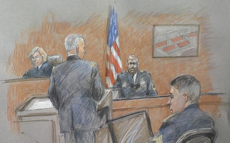 Staff Sgt. Alonzo Lunsford, shown in this courtroom sketch, testified Aug. 6, 2013, in the court-martial of Maj. Nidal Hasan. Hasan is charged with 13 specifications of premeditated murder and 32 specifications of attempted premeditated murder in the Nov. 5, 2009 mass shooting at a Fort Hood clinic.
