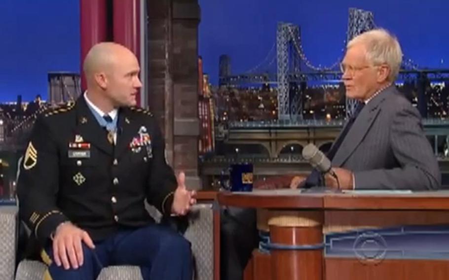 Days after receiving the Medal of Honor, Army Staff Sgt. Ty Carter appeared on the Late Show With David Letterman, Aug. 28, 2013.