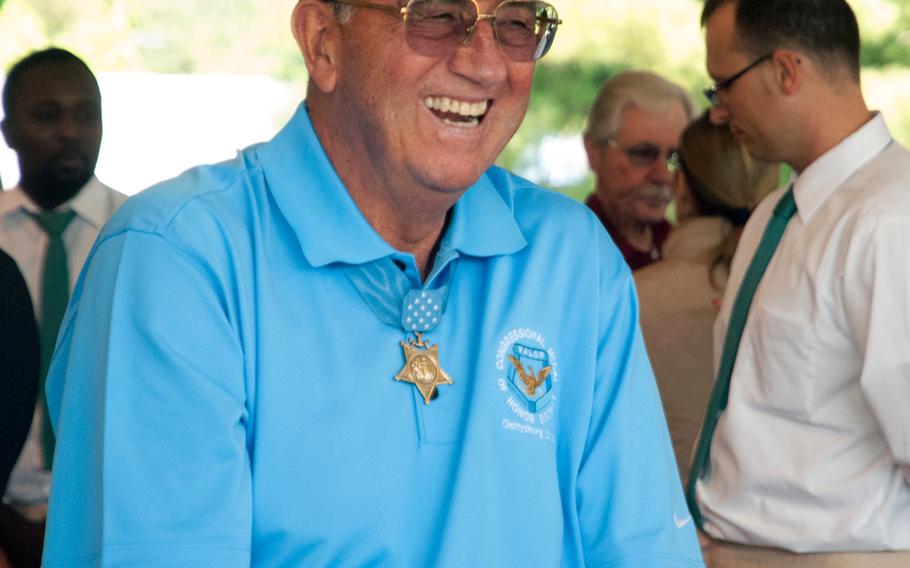 A Medal of Honor recipient laughs during lunch, which was part of the annual Medal of Honor Society convention. This year the multi-day event was held at the Eisenhower House in Gettysburg, Pa. 