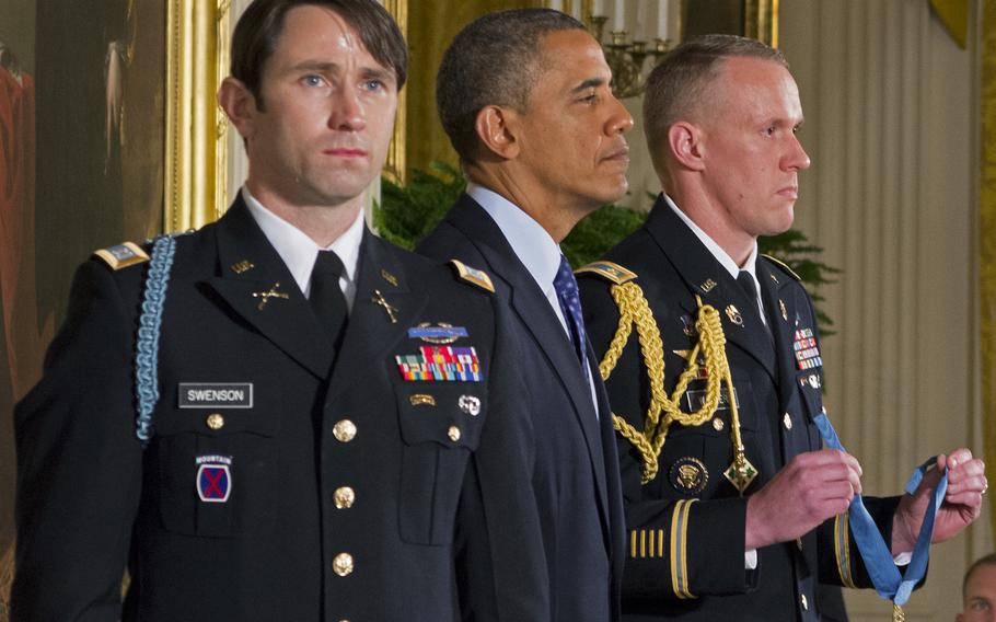Capt. William Swenson, far left, awaits the Medal of Honor. President Barack Obama is next to him.