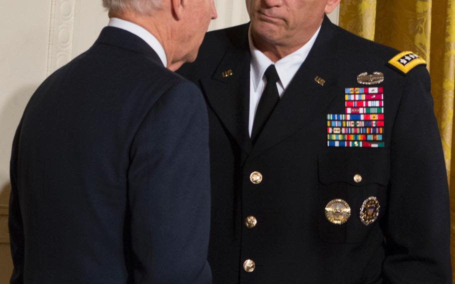 Vice President Joe Biden chats with Chief of Staff of the Army Gen. Ray Odierno after the Medal of Honor ceremony on October 15, 2013.