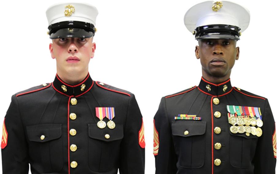 A Marine Corps Uniform Board survey is asking Marines whether all Marines should adopt the Dan Daly cap, left, or if female Marines should wear the current male cover, right, with some modifications. 