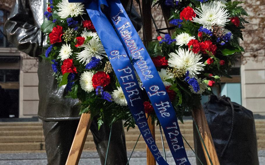 The wreath near the Lone Sailor in Washington, D.C., after the Pearl Harbor Remembrance Day.