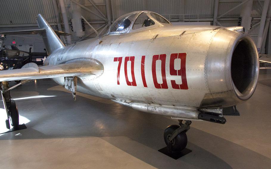 A Mikoyan-Gurevich MiG-15 (Ji-2) FAGOT B jet at the National Air and Space Museum's Steven F. Udvar-Hazy Center, November, 2013. The MiG-15 was considered the arch-rival to the American F-86 during the Korean War.