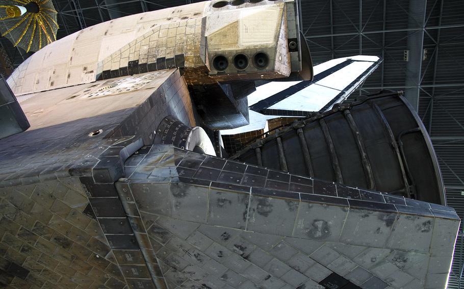 The rear section of the space shuttle Discovery, showing thermal tiles, at the National Air and Space Museum's Steven F. Udvar-Hazy Center, November, 2013.