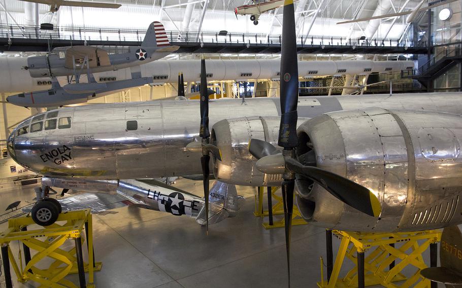 The "Enola Gay" at the National Air and Space Museum's Steven F. Udvar-Hazy Center, November, 2013. The B-29 Superfortress dropped the atomic bomb on Hiroshima, Japan.