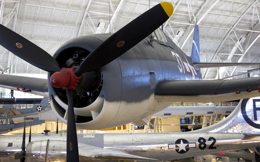 A Grumman F6F-3 Hellcat, at the National Air and Space Museum's Steven F. Udvar-Hazy Center, November, 2013. It was used to measure radiation levels after the first atomic bomb tests at Bikini Atoll in 1946.