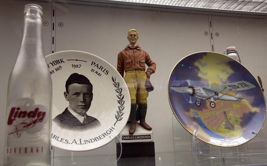 Some of the many souvenirs that flooded the American market after Charles Lindbergh's transatlantic flight, on display at the National Air and Space Museum's Steven F. Udvar-Hazy Center, November, 2013.