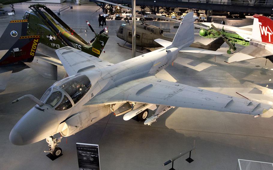 A Grumman A-6E Intruder, at the National Air and Space Museum's Steven F. Udvar-Hazy Center, November, 2013. This aircraft saw action in Vietnam and in the early stages of the Gulf War.