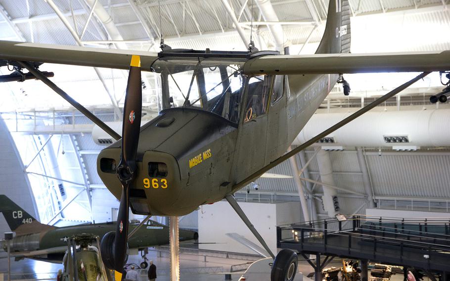 A Cessna O-1A Bird Dog, at the National Air and Space Museum's Steven F. Udvar-Hazy Center, November, 2013. These planes were used in both the Korean and Vietnam wars for purposes ranging from laying communication wire to marking targets with phosphorus rockets.