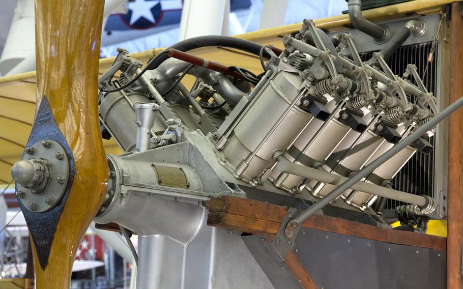 A close-up look at the engine of a World War I Fowler-Gage biplane at the National Air and Space Museum's Steven F. Udvar-Hazy Center, November, 2013.
