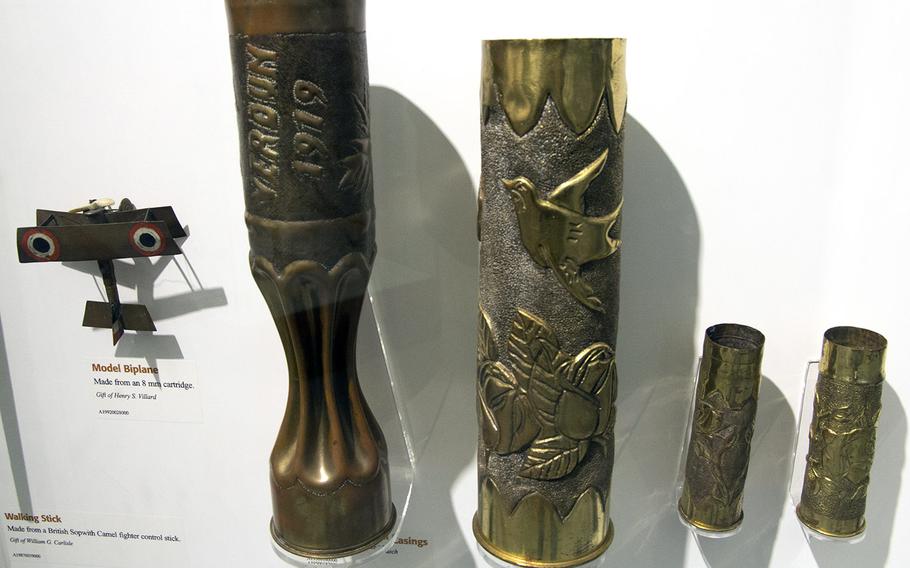 Samples of "trench art," fashioned by troops during World War I, at the National Air and Space Museum's Steven F. Udvar-Hazy Center, November, 2013. 