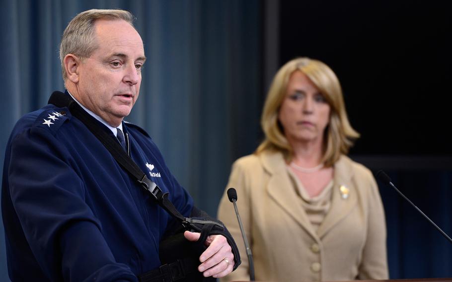 Air Force Chief of Staff Gen. Mark A. Welsh III and Secretary of the Air Force Deborah Lee James speak at the Pentagon about an investigation involving missile launch officers cheating on proficiency tests, Jan. 15, 2014.