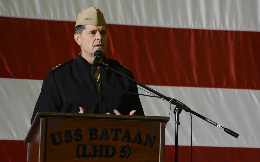 Chief of Naval Personnel Vice Adm. Bill Moran speaks to sailors about career sea pay, fleet manning and future deployment cycles during an all-hands call aboard the multipurpose amphibious assault ship USS Bataan on Tuesday.