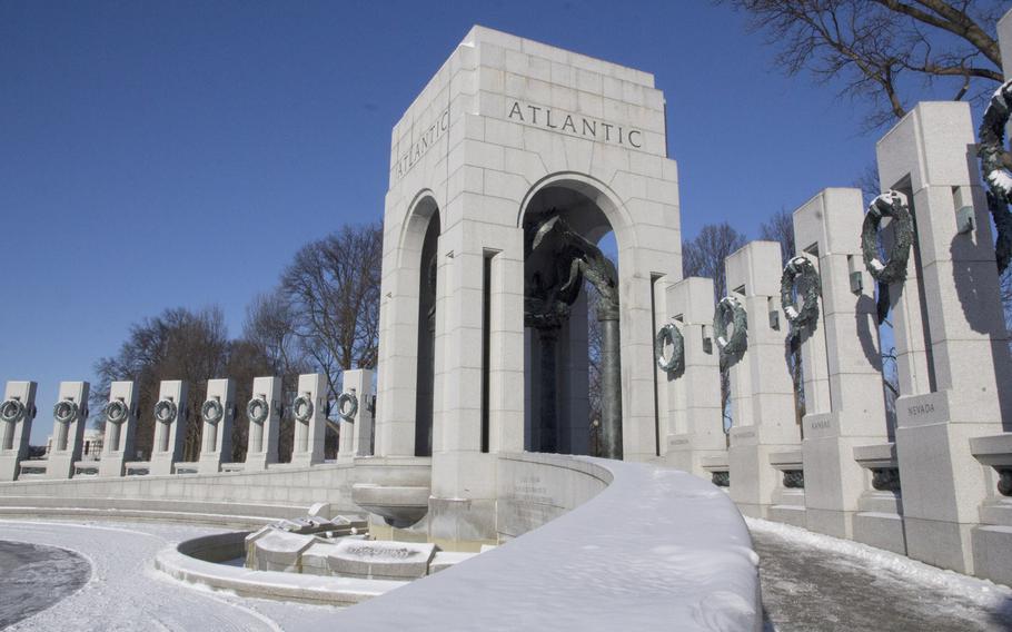 The National World War II Memorial in Washington, D.C. in the wake of Winter Storm Janus, on January 22, 2014.