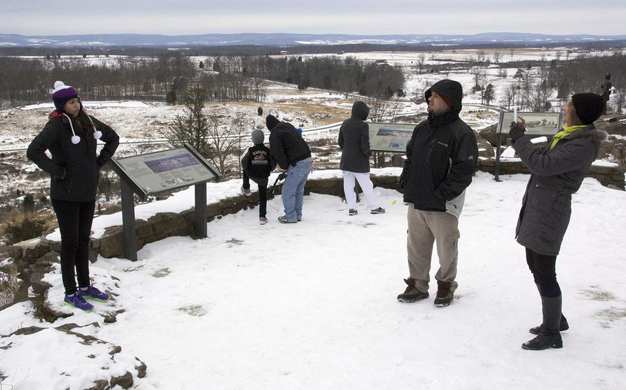Visitors at Little Round Top, Gettysburg National Military Park, January 26, 2014.