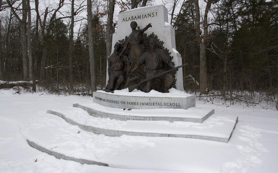 The snow-covered memorial to Alabama troops at the Gettysburg National Military Park, January 26, 2014.