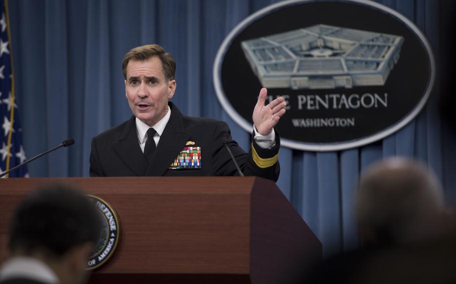 DOD spokesman Adm. John Kirby briefs the press at the Pentagon, February 5, 2014. Kirby answered several questions relating to department-wide reviews of personnel matters in the nuclear force.