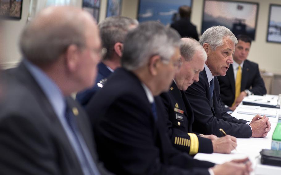 Secretary of Defense Chuck Hagel meets with Veteran and Military Service Organizations for a round table discussion at the Pentagon February 24, 2014. 

