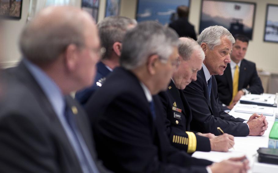 Secretary of Defense Chuck Hagel meets with Veteran and Military Service Organizations for a round table discussion at the Pentagon February 24, 2014. 

