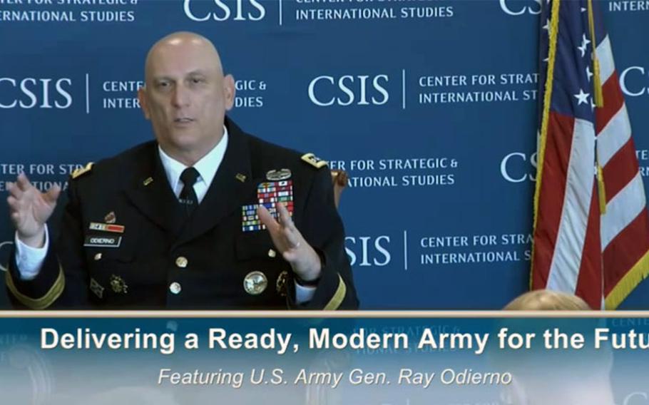 Gen. Ray Odierno speaks about the future of the Army during a forum at the Center for Strategic and International Studies Thursday, March 13, 2013, in Washington, D.C.