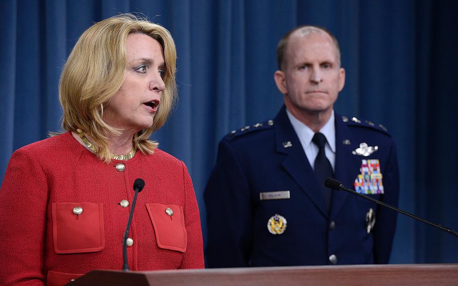 Secretary of the Air Force Deborah Lee James and Lt. Gen. Stephen Wilson, the Commander of Air Force Global Strike Command, speak Thursday, March 27, 2014, in Washington, D.C., providing updates on the findings of an investigation into test compromises at Malmstrom Air Force Base, Mont.