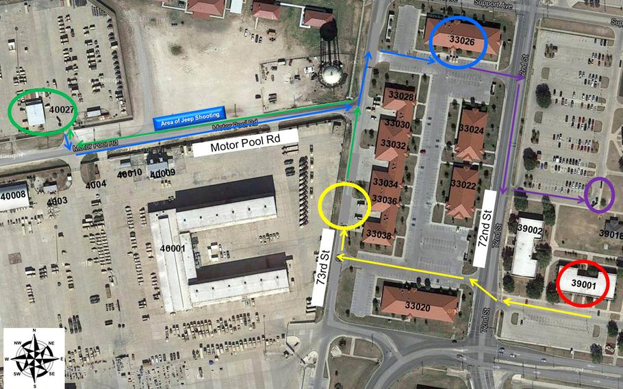 A map of the crime scene at Fort Hood, Texas. Building 39001 was Lopez's unit's administrative office, where the argument about getting time off happened. He killed one soldier and wounded 9 others. He then shot two more soldiers outside that building, then went to 40027 (the building where he worked, which includes the motor pool office and the vehicle bay area). He killed one soldier and wounded two more there. Building 33026 is the medical brigade building, where he injured a soldier in the parking lot and another inside, and killed the soldier on duty at the front desk. 39002 is another transportation battalion building, and it is where he encountered the police officer and then shot himself.