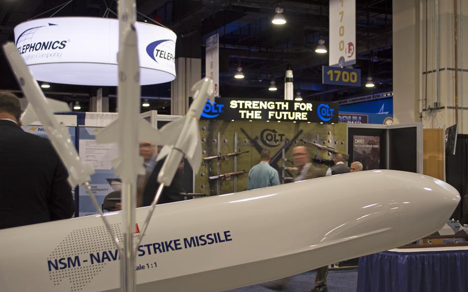 A Navy strike missile is on display at the Sea-Air-Space convention in Maryland on April 8, 2014. 