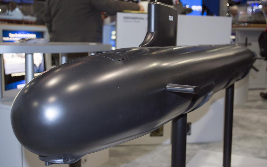 A scale model of a Virginia Class Submarine Block III by General Dynamics on display at the Sea-Air-Space convention in Maryland on April 8, 2014. 