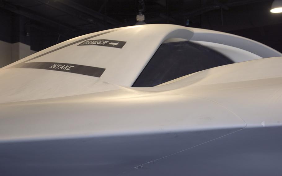 A close up of the  X-47B drone by Northrop Grumman at the Sea-Air-Space convention in Maryland on April 8, 2014.