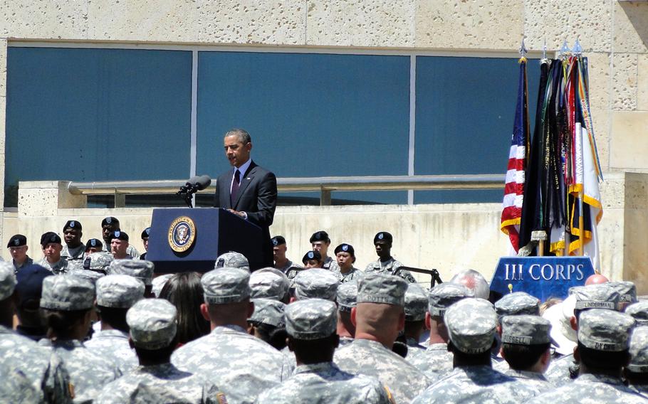 President Barack Obama speaks Wednesday at a memorial ceremony for the three soldiers who were killed in the April 2, 2014, shooting at Fort Hood, Texas. Obama said Americans must honor their memories by doing more to care for those with mental illness, civilian and military, and to ensure "we never stigmatize those who have the courage to seek help." 