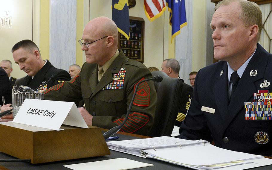 Master Chief Petty Officer of the Navy Michael D. Stevens, Sgt. Maj. of the Marine Corps Micheal P. Barrett and Master Sgt. of the Air Force James A. Cody, at a Senate Appropriations Subcommittee on Personnel hearing in Washington, April 9, 2014.