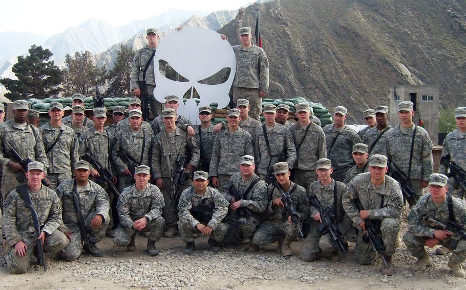 Members of 1st Platoon, Chosen Company, 2nd Battalion (Airborne), 503rd Infantry Regiment, 173rd Airborne Brigade, pause for a photo in at Forward Operating Base Blessing, Afghanistan, May 2008.