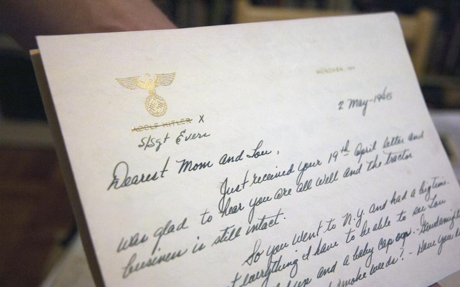 This letter by a U.S. servicemember, Sgt. Horace Evers, was written on Adolf Hitler's private personal stationery. Evers and his men found the gold-embossed paper in Hitler's apartment while they were setting up a command post in Munich. The letter is "one of the most historic" in the Legacy Project's collection, according to founder Andrew Carroll.