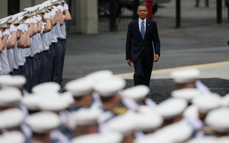 President Barack Obama enters for the U.S. Military Academy’s Graduation and Commissioning Ceremony at Michie Stadium, West Point, May 28, 2014.