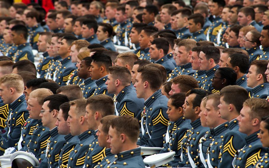 West Point Cadets from the graduating class of 2014 listen to President Barack H. Obama give his graduation address at Michie Stadium, West Point, N.Y., May 28, 2014.