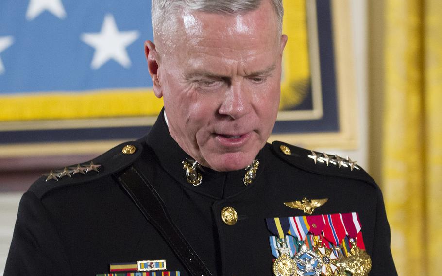 Marine Corps Commandant Gen. James Amos was among hte dignitaries on hand for the Medal of Honor ceremony for retired Marine Cpl. Kyle Carpenter at the White House, June 19, 2014.