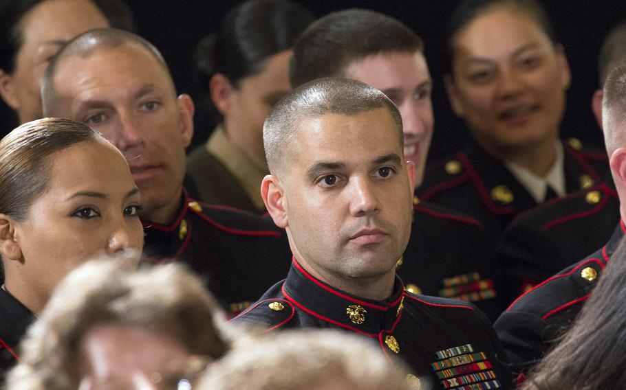 Marines in the audience at the Medal of Honor ceremony for retired Marine Corps Cpl. Kyle Carpenter at the White House, June 19, 2014.