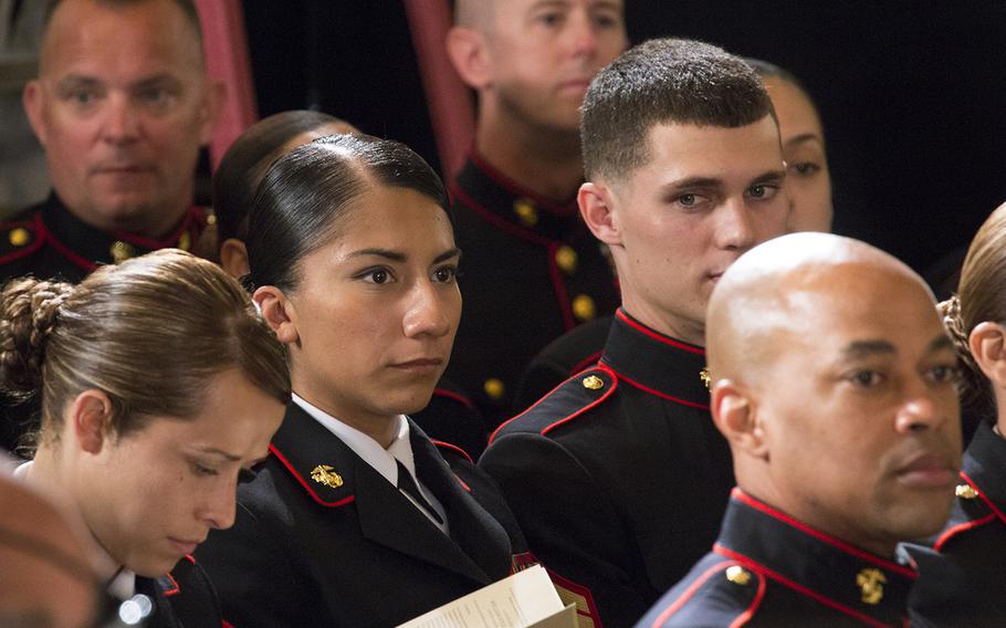 Marines in the audience at the Medal of Honor ceremony for retired Marine Corps Cpl. Kyle Carpenter at the White House, June 19, 2014.