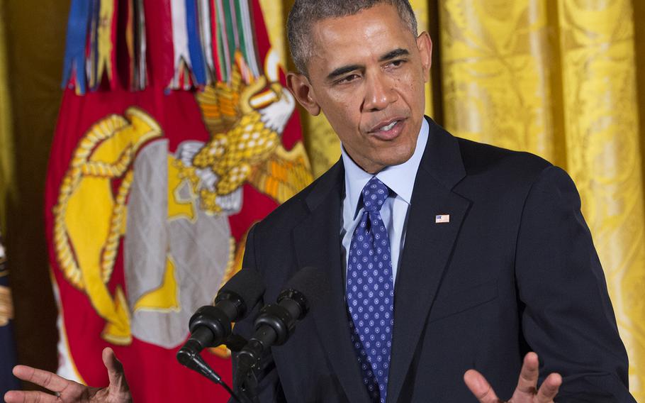 President Barack Obama speaks at the Medal of Honor ceremony for retired Marine Corps Cpl. Kyle Carpenter at the White House, June 19, 2014.