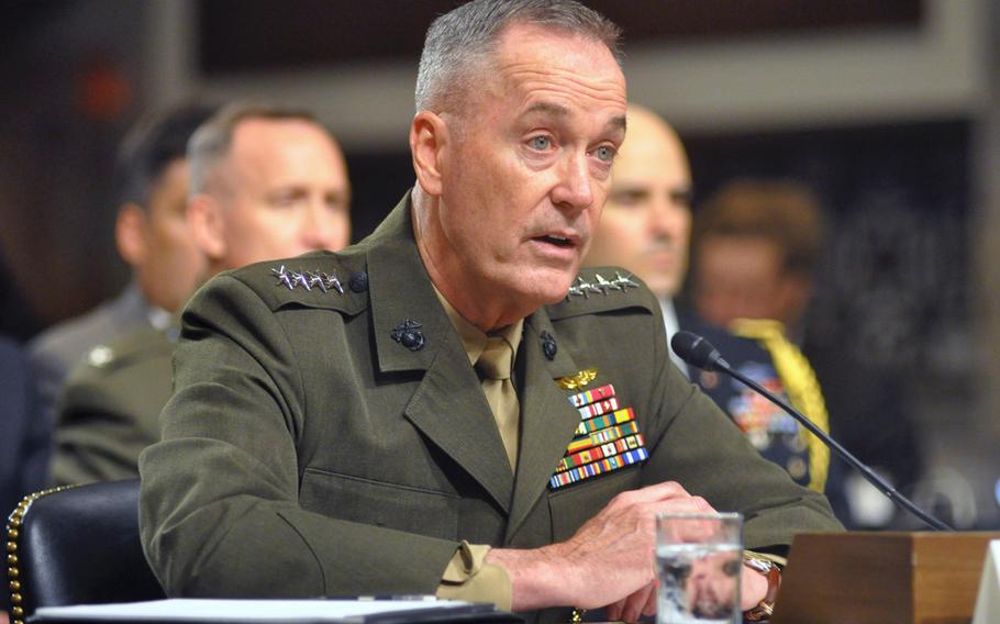 Marine Corps Gen. Joseph F. Dunford, Jr., testifies during a U.S. Senate hearing on Capitol Hill in Washington on Thursday, July 17, 2014. Members of the Committee on Armed Services were considering Dunford's nomination to be the next Commandant of the Marine Corps.