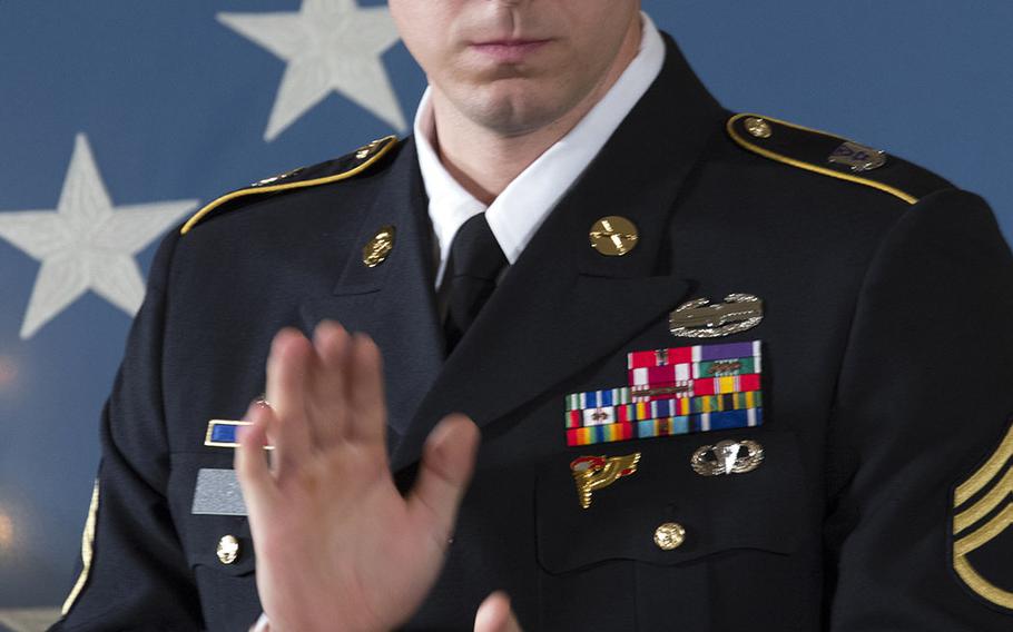 Medal of Honor ceremony for former Army Staff Sgt. Ryan Pitts at the White House, July 21, 2014.