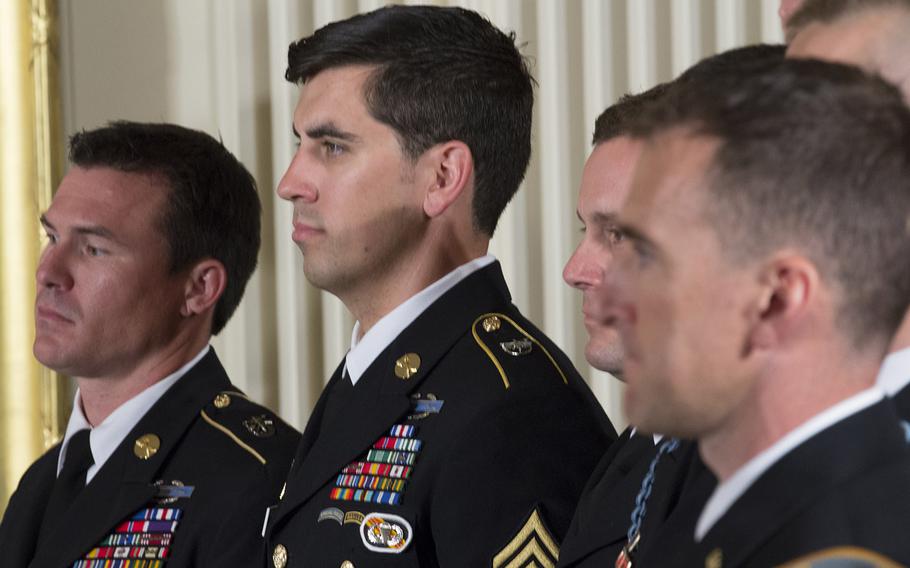 Medal of Honor ceremony for former Army Staff Sgt. Ryan Pitts at the White House, July 21, 2014.