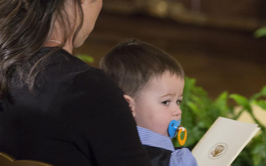 Medal of Honor recipient Ryan Pitts's wife Amy and son Lucas at the White House, July 21, 2014.