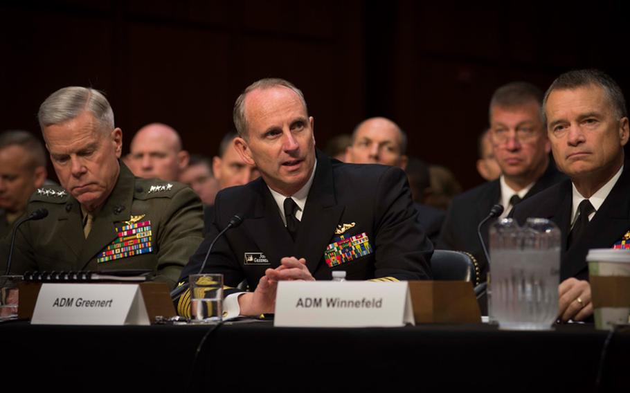 Chief of Naval Operations Adm. Jonathan Greenert testifies before the Senate Armed Services Committee with the Chairman and Vice Chairman of the Joint Chiefs of Staff and the Joint Chiefs of Staff on Department of Defense proposals relating to military compensation. Senior enlisted leaders from each service also attended the hearing as a full show of support for the proposed gradual slowing of personnel pay and compensation in order to sustain a properly manned, trained and equipped military.
