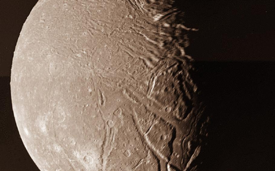 Voyager 2 send this picture of Ariel, one of the satellites orbiting Uranus, in January 1986. Ariel is composed of about half water ice and half rock. 