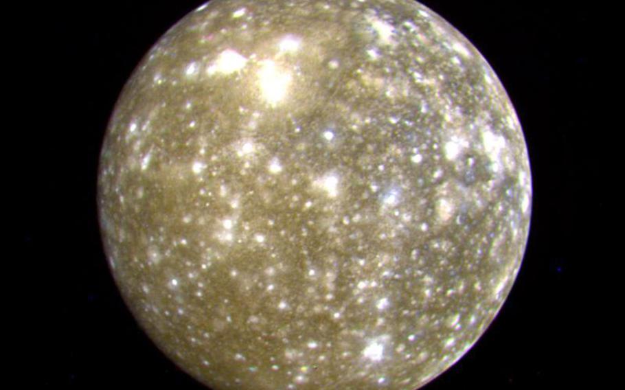 Voyager 2 provided the images used to make this false-color rendition of Callisto, a satellite of Jupiter, on July 7, 1979. Callisto is one of the most heavily cratered of Jupiter's moons, and resembles Mercury and Mars in that way.